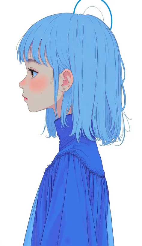 The minimal portrait、expresses a profile adorned with bright blue and white hues. The characters are deep royal blue She is wearing a flowing costume and、Pure, white background, creates an eye-catching contrast. The costume is delicate, The sheer veil flow...