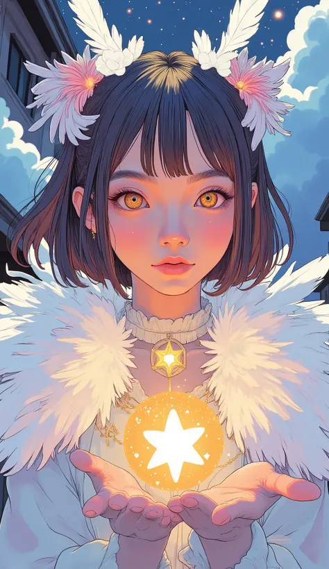 anime girl with a white feather cape holding a star in her hand, artwork in the style of Gwyds, Lost Run Style, Gwyds, Gwyds on artstation pixiv, Gwyds on pixiv artstation, gold new moon jewelry, Ross draws vibrant cartoons, digital art by Pixiv , Digital...
