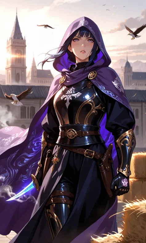 masterpiece, ultra-detailed, best quality, 1girl, Hinata Hyuga, Master Assassin outfit, long dark blue hair partially hooded, determined expression, Byakugan eyes glowing under hood, white and lavender Assassin robes with intricate Persian patterns, hidden...