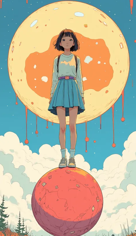 Illustration of a person standing on a sphere surrounded by a circle, By Cyril Rolando, inspired By Cyril Rolando, Cyril Roland's Style, just a joke , Beeple and Jeremiah Kettner in a skirt with notes, Cyril Roland and Goro Fujita, Beeple and James Jean ,...