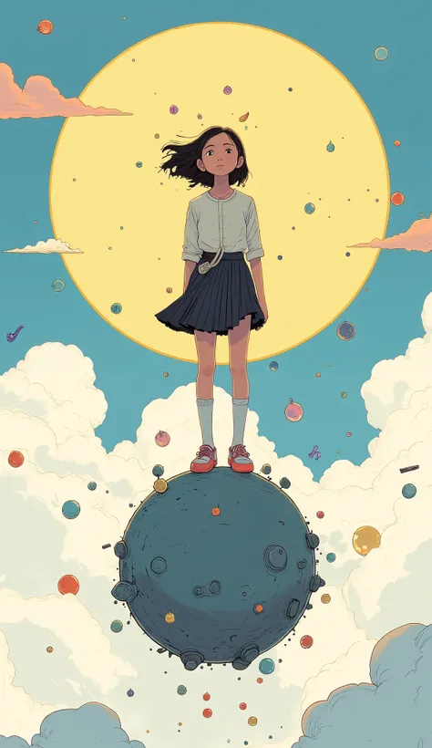 Illustration of a person standing on a sphere surrounded by a circle, By Cyril Rolando, inspired By Cyril Rolando, Cyril Roland's Style, just a joke , Beeple and Jeremiah Kettner in a skirt with notes, Cyril Roland and Goro Fujita, Beeple and James Jean ,...