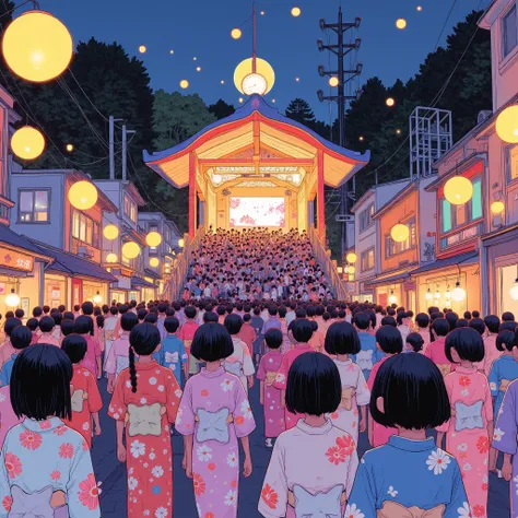 This scene、they are full of the vibrancy of traditional Japanese festivals, is wearing colorful yukata. people of all ages々and, Traditional Summer Kimono, intricate floral and geometric patterns are drawn in shades of blue, white, Pink, And purple. bright ...