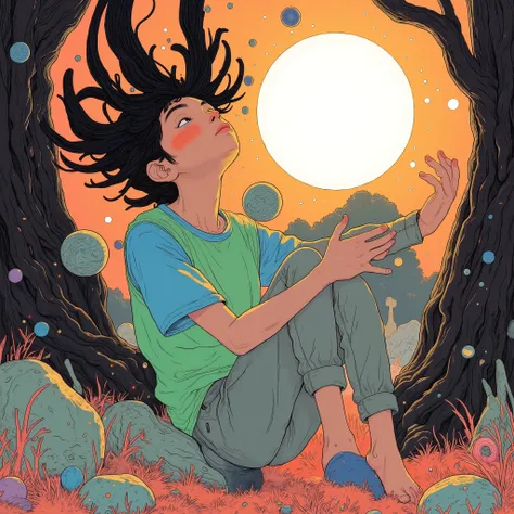 The subject is depicted in a surreal image. 。, The subject is likely in his late teens or early twenties. , The subject is held in a poetic pose, 、 The image exudes an ethereal quality. 。. The subject leans back in a graceful arch. 。, The subject's sil...