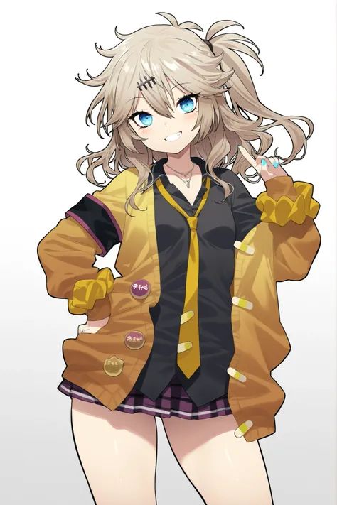 master piece、masterpiece、top quality、1girl,Kasukabe Tsumugi,blue eyes,light brown hair,Single Side Up,Lashes,mole under eye,Eyebrows Seen Through Hair,nail polish,tooth,small breasts, shirt,black shirt,necktie,miniskirt,jacket、Extremely Aesthetic, very hig...