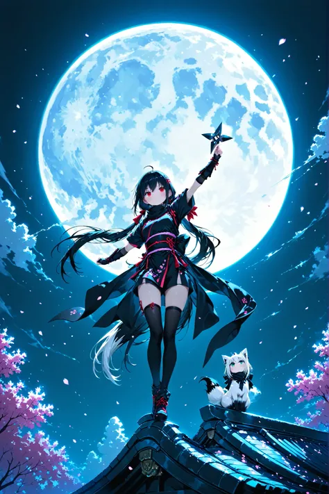 super definition, top quality, 8K Wallpaper, cute shinobu, twin tails, black ninja clothes, the moment you throw a shuriken, Sakura Fubuki, Full Moon Night, on the roof, moonlight, Dynamic