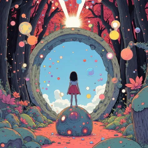 Illustration of a person standing on a sphere surrounded by a circle, By Cyril Rolando, inspired By Cyril Rolando, Cyril Roland's Style, just a joke , Beeple and Jeremiah Kettner in a skirt with notes, Cyril Roland and Goro Fujita, Beeple and James Jean ,...