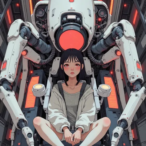 A young woman sitting in the center of a futuristic mecha cockpit, a spider-like mech suit, , exuding an aura of confidence and control, . Her Outfit, highlighting contours and components, , blends seamlessly with the robotic aesthetics surrounding her....