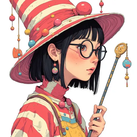 Profile、live-action、Genuine、beautiful Japanese women、triangular hat with red and white stripes、Red ball at the tip、red and white striped clown costume、black round frame glasses、drums hanging from the neck、Grab the stick、Who would you like to meet' watc...