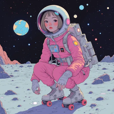 beautiful young woman wearing astronaut costume、beautiful young woman wearing astronaut costume is skating on the surface of the moon BREAK/masterpiece,top quality,Illumination,fast shutter speed, Using very real hands ,anatomically accurate represent...