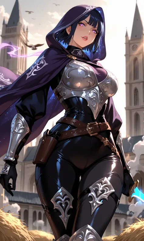 masterpiece, ultra-detailed, best quality, 1girl, Hinata Hyuga, Large Breasts, Wide Hips, Big Ass, Seductive Lips, Master Assassin outfit, long dark blue hair partially hooded, determined expression, Byakugan eyes glowing under hood, white and lavender Ass...