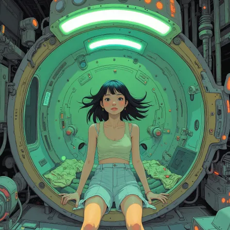 ニビ・インチャオ、の young woman A futuristic scene unfolds where it is suspended in a large cylindrical tank, の bright green light casts a subtle glow around her. 彼女はメトロイドスーツを着ている, 彼女の細い体を強調する, 彼女の髪は自由に漂っている, 彼女のルックスに夢のような雰囲気を加える. の outside of the tank is equipped ...