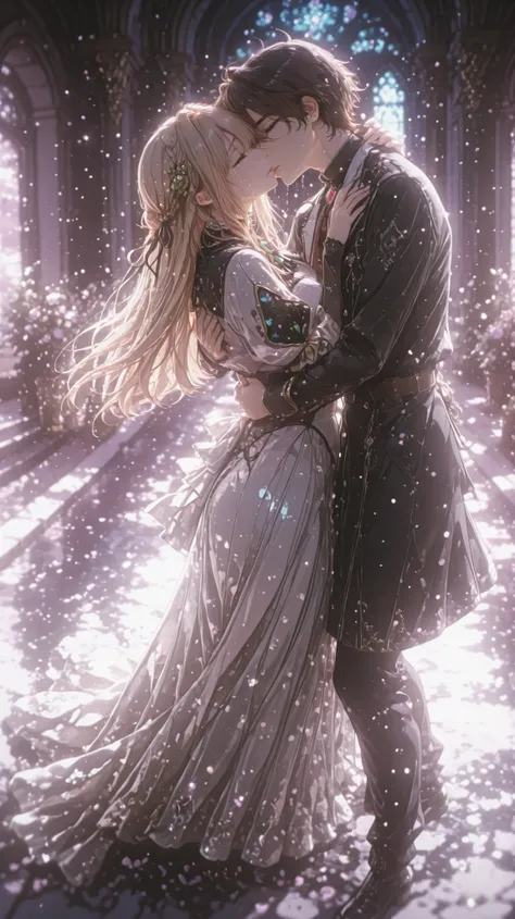 キスクローズアップ、Create a 4-panel manga in Kyoto Animation style, top-down layout, black borders, cinematic soft lighting, watercolor texture, 🩵cyan-pink🩷, 🤍white-purple💜 auroras, sacred garden with golden flowers. Depict Violet Evergarden and Gilbert Bougainvill...