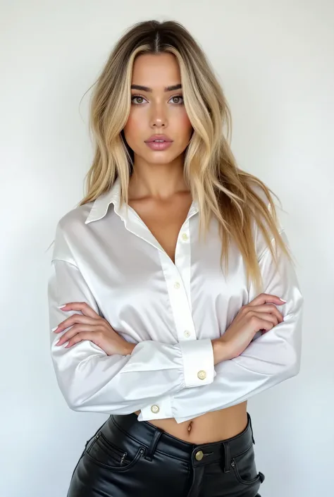 Valentina Grishko, dark blonde instagram model with a shiny white satin button down shirt, black leather pants, arms crossed, white studio background