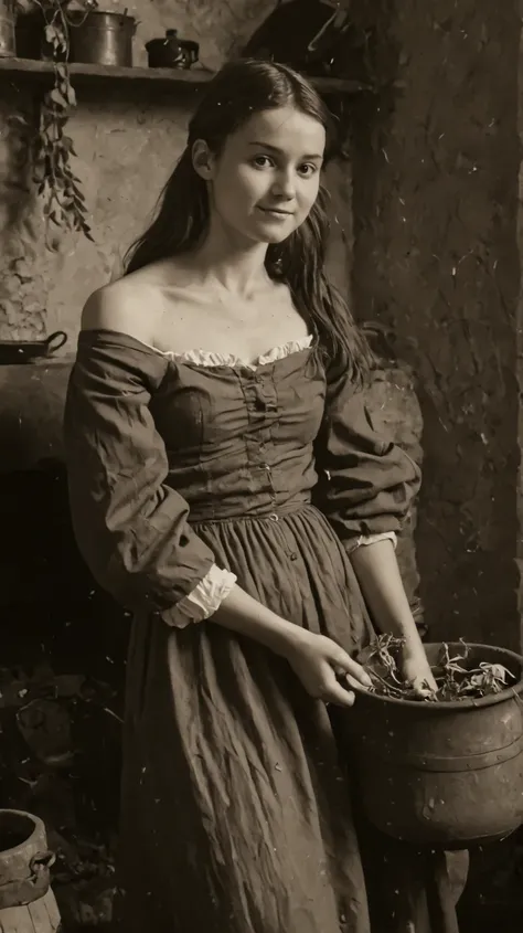 late 19th century American frontier (skinny young lady) is working hard, gathered her family, sepia tone, faded colors, heavy film grain, scratched and creased edges, soft vignetting, slight blur, high contrast, vintage silver gelatin print style, full‑bod...