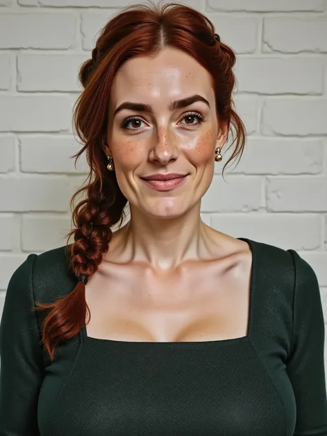 Photorealistic close-up picture of Margaret wearing a dark green herringbone tweed dress with a sharp cut square neckline. Focus on the neckline. milkmaid braid hairstyle. Dangling bronze earrings. white plastered wall background.