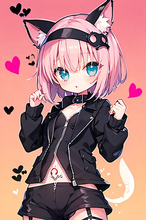 nsfw、  transparent pink short hair、  Oversized Jacket  、hotpants、 Bondage、leather suit、collar 、elementary school student 、  small breasts、Shining Eyes 、Cat ears、(((((small body)))))、hearts❤、Dirty Prints、 belly tattoo 、garter belt with a symbol