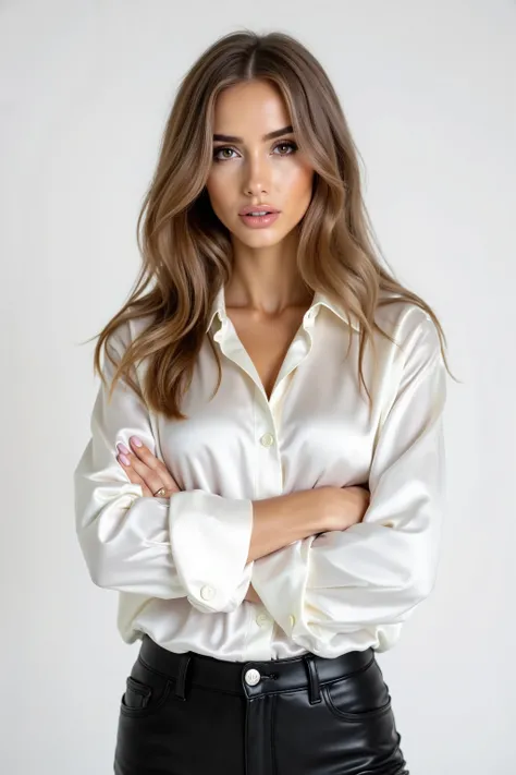Valentina Grishko, dark blonde instagram model with a shiny white satin button down shirt, black leather pants, arms crossed, white studio background