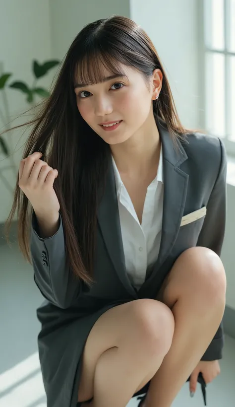 top quality, Fashionable Long Black Hair, professional OL with long black hair, dynamic squat pose, Super Delicate Eye and Skin Details, studio light, 30 years old, Dark Eyes, elegant, Mid-chest, Plump Lips, earring, necklace, Charcoal Tight Suit , White ...