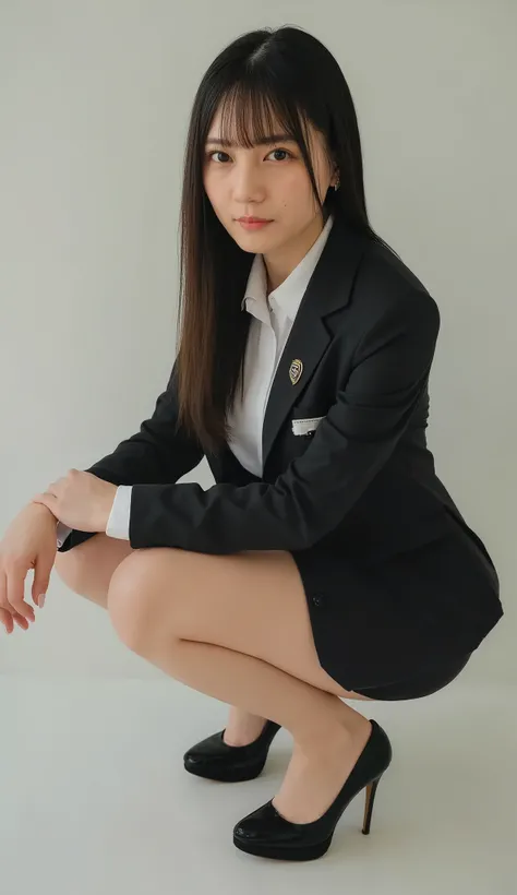 top quality, Fashionable Long Black Hair, professional OL with long black hair, dynamic squat pose, Super Delicate Eye and Skin Details, studio light, 30 years old, Dark Eyes, elegant, Mid-chest, Plump Lips, earring, necklace, Charcoal Tight Suit , White ...