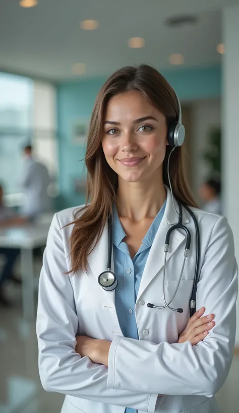 The straight front face avatar of a secretary attending a clinic wears a small headset, she's Brazilian, morena, brunette, she wears an executive tailoring suit , she sits on the chair at the reception desk of a doctor's office, ready to serve the customer...