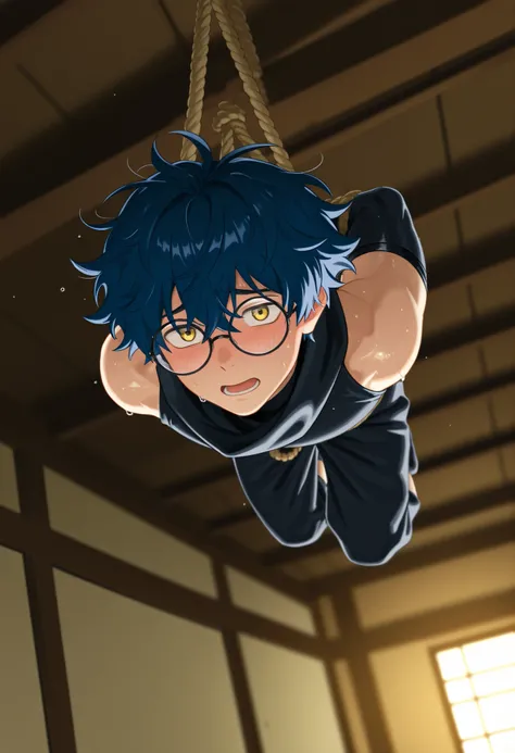 masterpiece, best quality, amazing quality, very aesthetic, high resolution, ultra-detailed, absurdres, newest, scenery, 1boy, handsome, male focus, ninja,black ninja outfit, rope, turtle shell bondage, hanging, ceiling, bondage, ankle, hands, Terrified N...