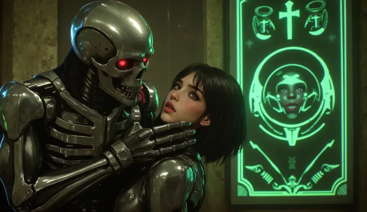 A cinematic shot of a metallic skeleton, the Lord of Necrons, gripping a beautiful subordinate girl by the throat with his metallic bony hand. The girl's face is filled with terror and shock. Dark sci-fi atmosphere, high detail, dramatic lighting, realisti...