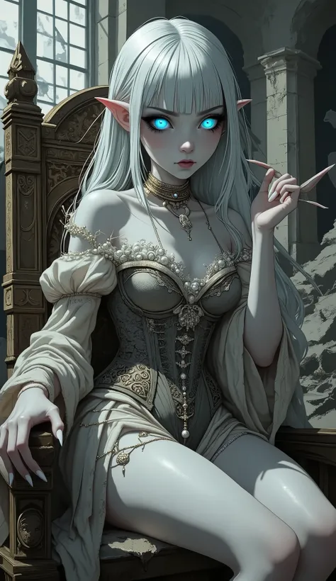 (A fusion of Ukiyo-e and dark fantasy. Aesthetic and gothic digital art. Draw a detailed face. Look away.) BREAK
(White hair. Blunt bangs. White eyebrows. Long white eyelashes. Almond-shaped eyes. Eyes that shine like blue neon. Thick, dark eyeliner. Smal...