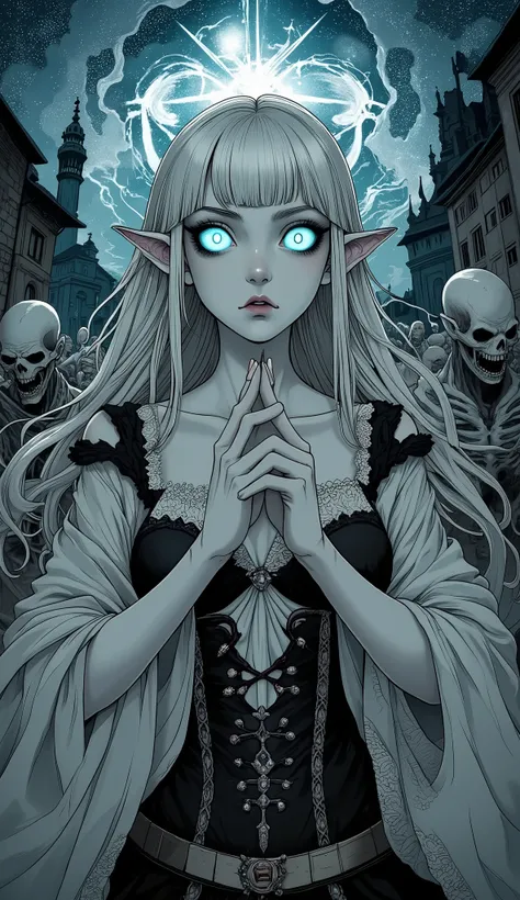 (A fusion of Ukiyo-e and dark fantasy. Aesthetic and gothic digital art. Draw a detailed face. Look away.) BREAK
(White hair. Blunt bangs. White eyebrows. Long white eyelashes. Almond-shaped eyes. Eyes that shine like blue neon. Thick, dark eyeliner. Smal...