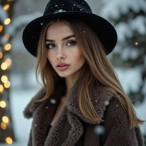 ling
Valentina Grishko, portrait, A female with dark blonde hair and perfect eyes, wearing a fur coat and a fur hat, seductive, perfect subtle makeup, snowing, christmas lights, soft lighting, detailed skin texture, winter