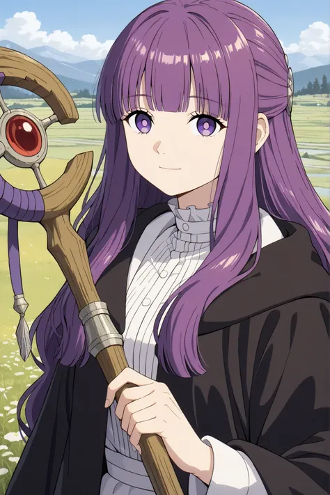 1girl,fern,purple hair,Fern ( Fern ) - Frieren : Beyond Journey's End ( Funeral Freelen ),upper body ,wavy hair,windy climate,looking at viewer,light smile,wooden staff in hand,masterpiece,best quality, 
Old European rural landscape