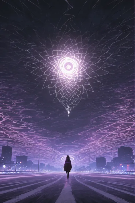 Best Picture Quality, Photography Level, Ultra HD, abstract, Faulty lights flickering in the night view of the city, Purple arcs under a dark sky, The outline of the city looms, Full of apocalyptic atmosphere