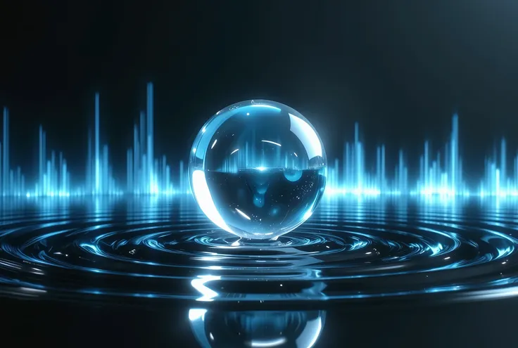 ((Masterpiece, highly detailed 8K digital art)), a translucent pearl resonating with visible soundwave rings, floating mid-air, audio ripple effects reflected on a black glassy surface, glowing blue audio spectrum background