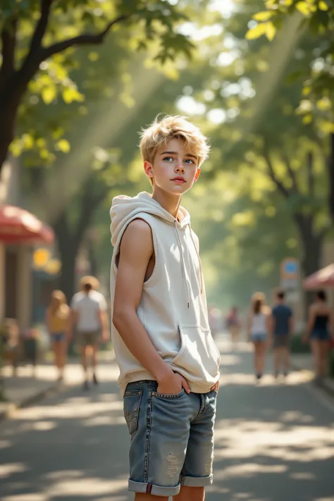 (Photorealistic), (Highly Realistic), (RAW Photo), 1boy, (Young Boy), Solo, (Very Short Blonde Hair), (Detailed Blue Eyes), (White Sleeveless Hoodie), (Faded Short Jeans), Summer, Noon, (Sun, Bright Sunlight, Lens Flare), Street, Pedestrians, ((Tree-lined ...