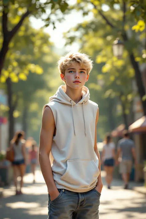 (Photorealistic), (Highly Realistic), (RAW Photo), 1boy, (Young Boy), Solo, (Very Short Blonde Hair), (Detailed Blue Eyes), (White Sleeveless Hoodie), (Faded Short Jeans), Summer, Noon, (Sun, Bright Sunlight, Lens Flare), Street, Pedestrians, ((Tree-lined ...