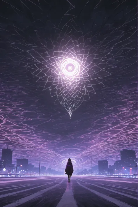 Best Picture Quality, Photography Level, Ultra HD, abstract, Faulty lights flickering in the night view of the city, Purple arcs under a dark sky, The outline of the city looms, Full of apocalyptic atmosphere