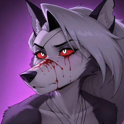 anthro, loona, nose patch, looks into the distance, nose blood , purple light in the face,