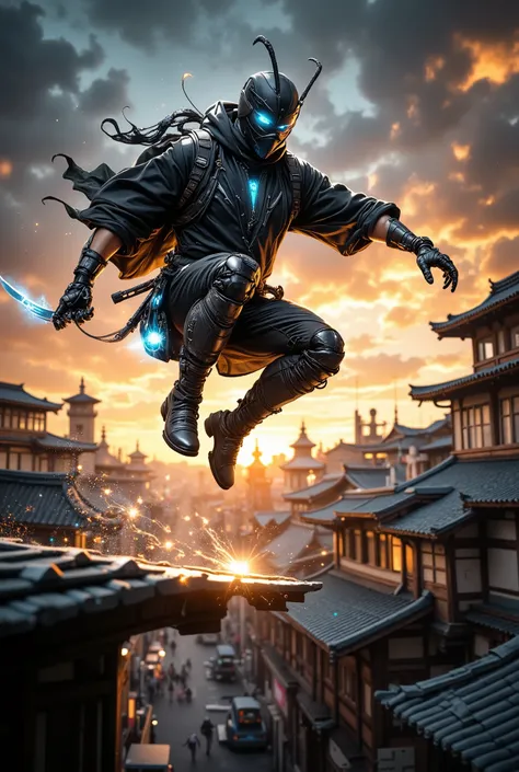 (masterpiece, top quality), (((Sexy aspiring Cyborg ninja jumping on rooftops))), Katana spinning in the air, dynamic pose, In action, ninja costume, black mask, Leather boots, Wind blowing, Sunset sky Fluttering in the wind,flying ninja, Energetic atmosph...
