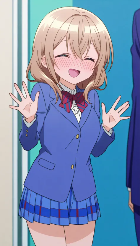 masterpiece, best quality, absurdres, very aesthetic, general, Katase Shiori, school uniform, cosplay, otonokizaka school winter uniform ,blue blazer, plaid skirt, blouse,striped bowtie ,thigh ,myroom, closed eyes,smile ,open mouth,blushing, standing, cowb...