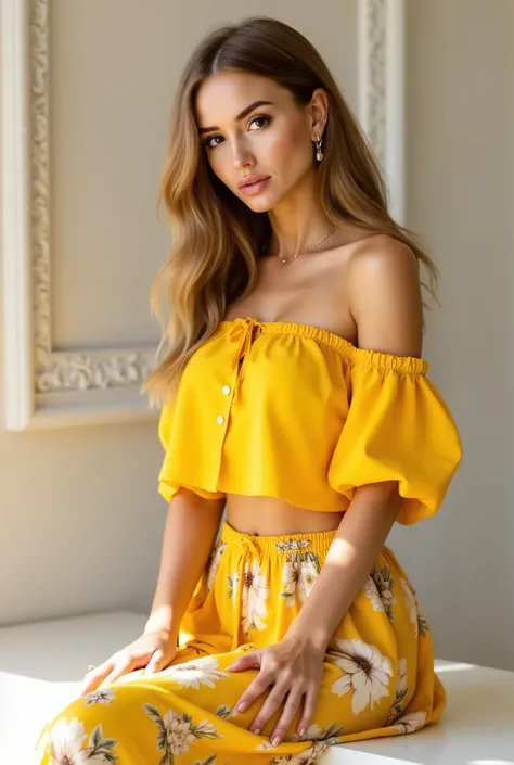 dark blonde woman in a yellow top and floral skirt sitting on a white counter, beautiful yellow woman, yellow clothes, rich bright sunny colors, irina nordsol kuzmina, with yellow cloths, elegant yellow skin, gorgeous lady, wearing yellow croptop, a gorgeo...