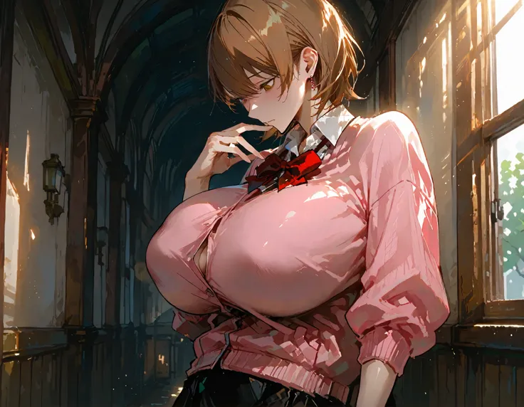 sfw, (yukari from person 3) takeba yukari, 1girl, Alone, short hair, bangs, brown hair(yukari hair, brown hair) (detail yukari face) ,yukaridef, gekkoukan high school uniform, Pink cardigan, red bow, long sleeves, black skirt, earrings, white chokerBest Qu...