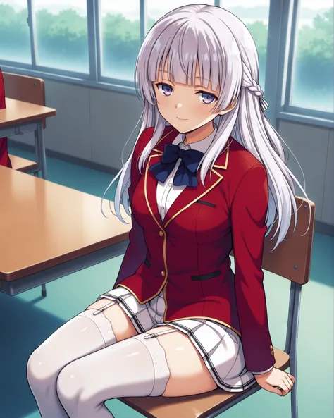 score_9, score_8_up, score_7_up, score_6_up, score_5_up, score_4_up, source_anime, screenshots, akayanagi, 1girl, blunt bangs, purple eyes, school uniform, red jacket, collared shirt, bowtie, white skirt,white thighhighs, garter straps,light smile,
sitting...