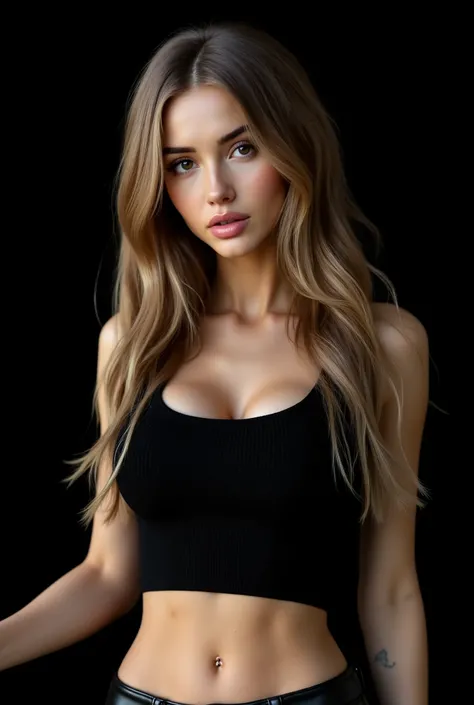  a young beautiful woman with straight dark blonde hair, (in ribbed crop top and leather pants on dark monochrome backdrop), (fine facial features), Tousled luxuriant hair, Supermodel, wavy hair, High resolution, (Masterpiece, Best Quality, High Quality:1....