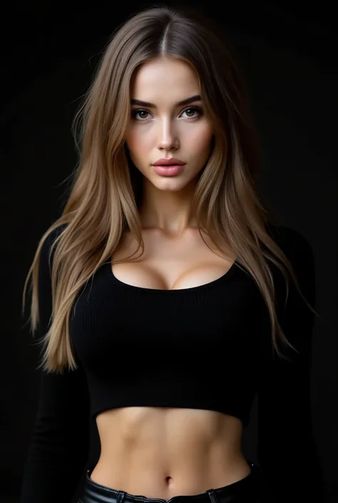  a young beautiful woman with straight dark blonde hair, (in ribbed crop top and leather pants on dark monochrome backdrop), (fine facial features), Tousled luxuriant hair, Supermodel, wavy hair, High resolution, (Masterpiece, Best Quality, High Quality:1....
