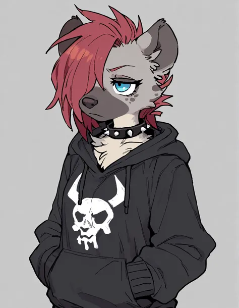 ,, 1girl, solo, anthro hyena, furry, furry female, blue eyes, punk, grey fur, black hoodie, breast, spike collar, red hair,