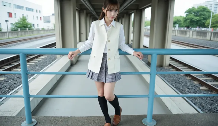 A person standing with their back to the camera, wearing a white vest, white long-sleeved shirt, pleated checkered skirt, black knee-high socks, and brown loafers, under an elevated railway in an urban area of Japan. The person is leaning against a blue ra...