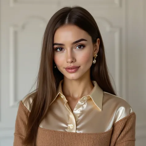 arafed woman with straight hair wearing a collared satin blouse under a crewneck sweater, warm smile, gorgeous eyes