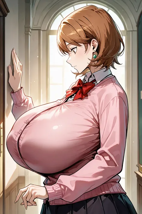 sfw, (yukari from person 3) takeba yukari, 1girl, Alone, short hair, bangs, brown hair(yukari hair, brown hair) (detail yukari face) ,yukaridef, gekkoukan high school uniform, Pink cardigan, red bow, long sleeves, black skirt, earrings, white chokerBest Qu...