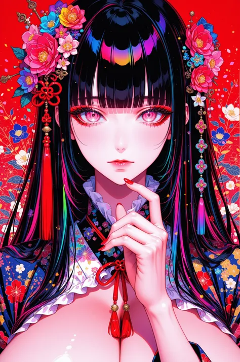 woman, solo, red nails, looking at viewer, bangs, pink eyes, long hair, black hair, hair ornament, hand up, flower, blunt bangs, closed mouth, tassel, ribbon, portrait, colorful, red background, frills, multicolored hair, upper body, floral yukata, giganti...
