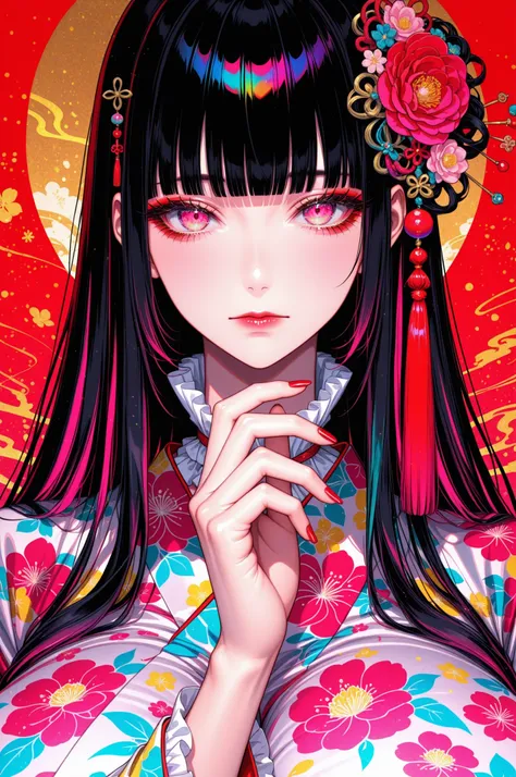woman, solo, red nails, looking at viewer, bangs, pink eyes, long hair, black hair, hair ornament, hand up, flower, blunt bangs, closed mouth, tassel, ribbon, portrait, colorful, red background, frills, multicolored hair, upper body, floral yukata, giganti...