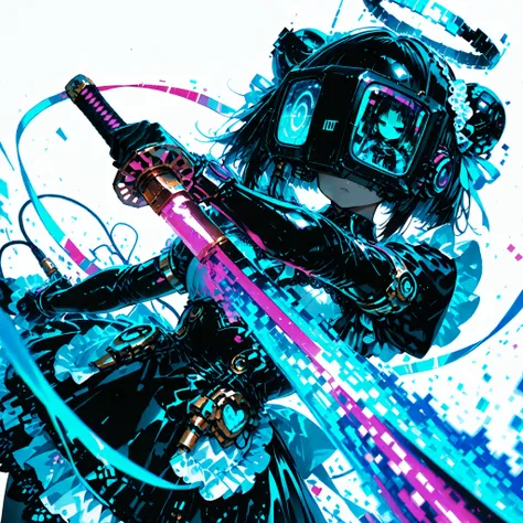 Masterpiece, best quality, amazing quality, newest, very aesthetic, scenery, 8k, good anatomy, good shading, ultra detailed, refined details, high resolution, HD, masterwork, 4ur4_illu,shiny.
1girl, solo, tv head, old crt monitor, glitch screen, multicolo...